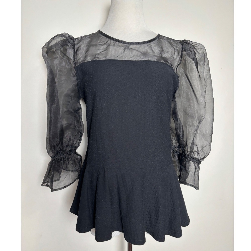Salo La Fille Black Sheer Puff‎ Sleeve Top L Dark Romantic Coquette Going Out